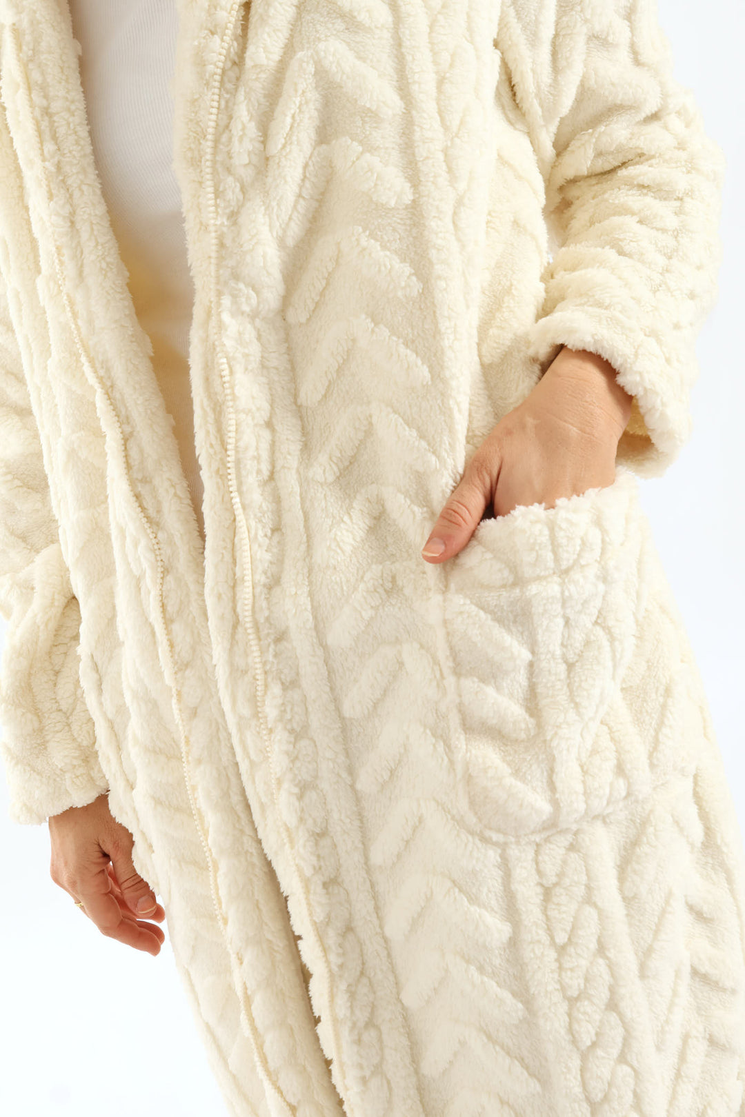 Zip Through Cable Knit Gown - Cream