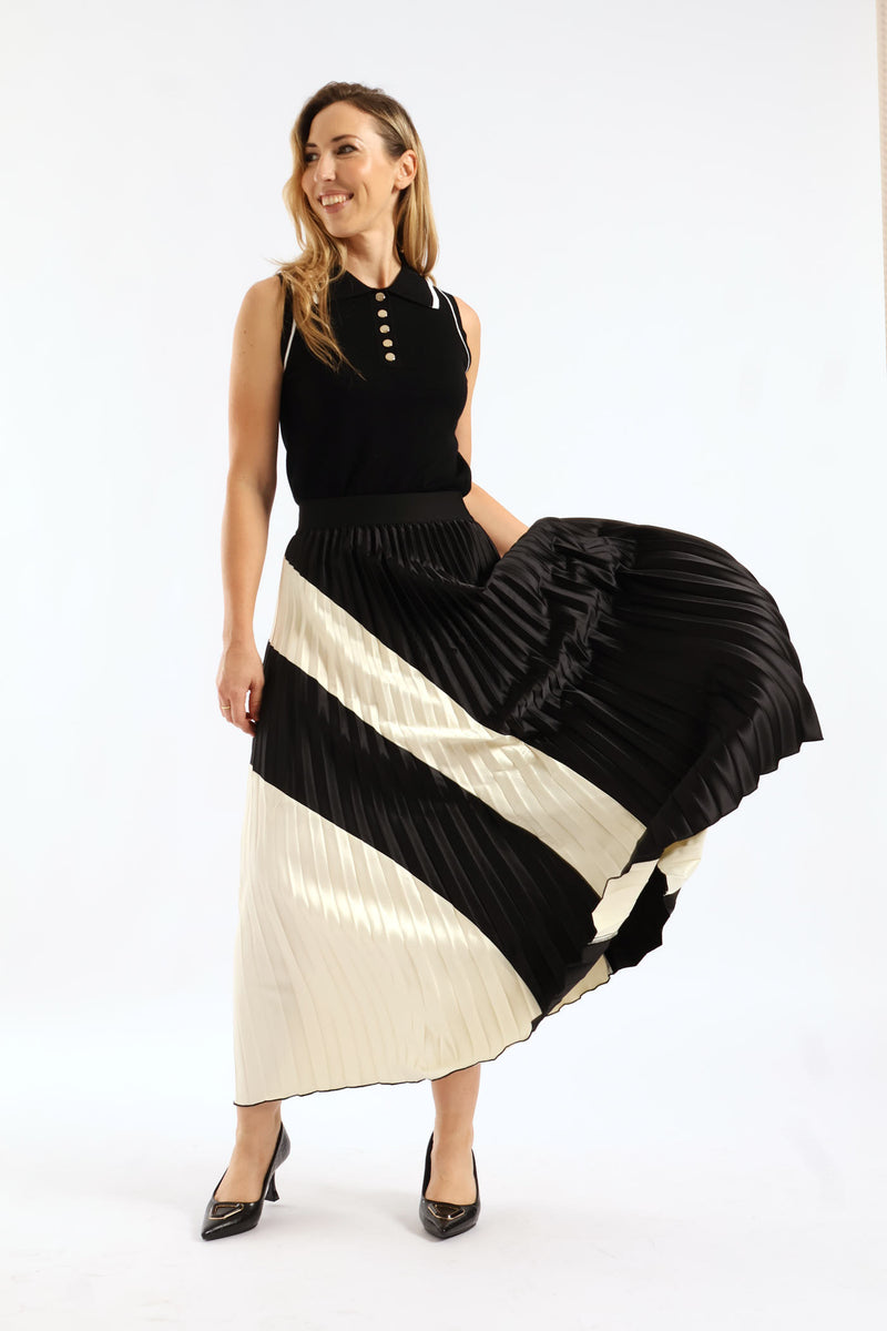 Swirly Colourblock Satin Maxi Skirt - Black/Cream