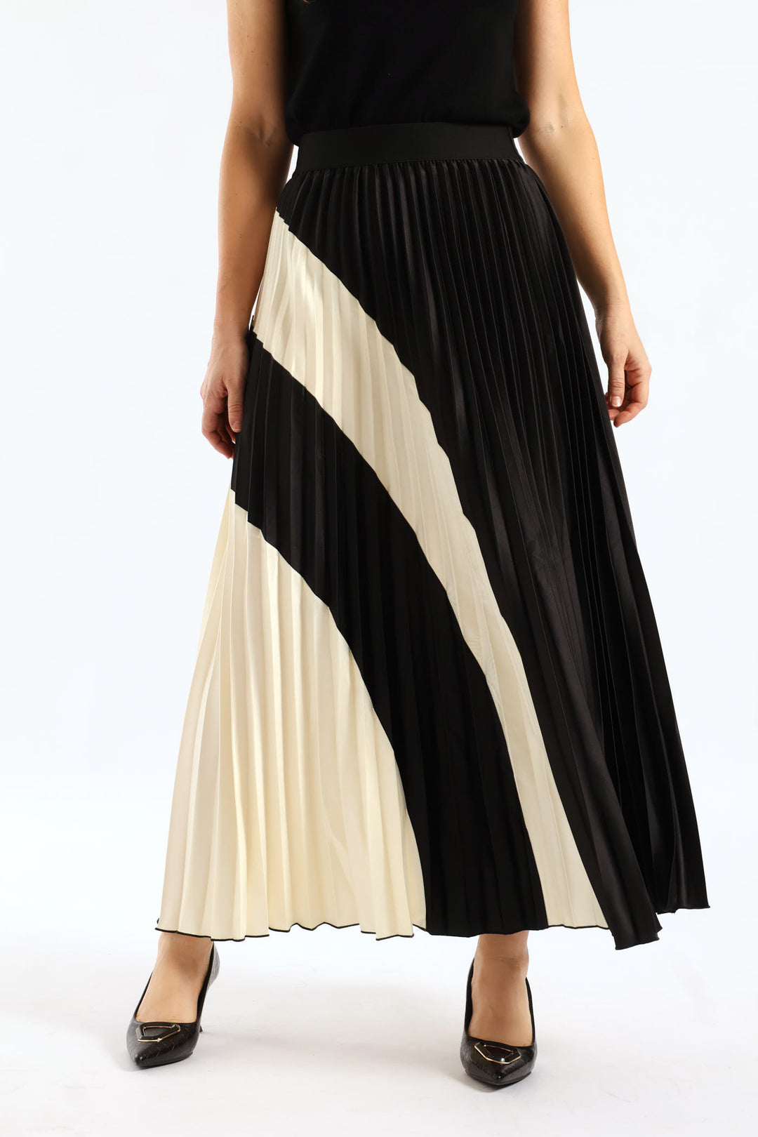 Swirly Colourblock Satin Maxi Skirt - Black/Cream