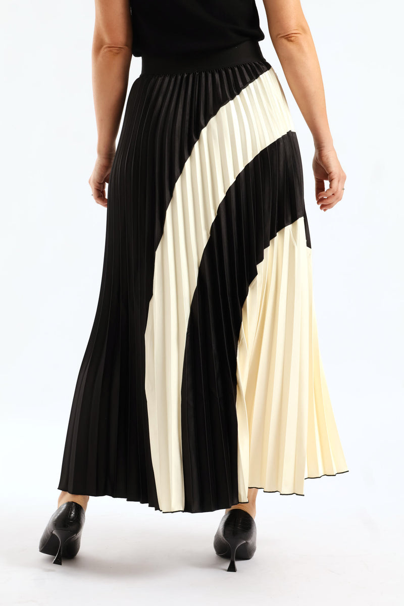 Swirly Colourblock Satin Maxi Skirt - Black/Cream