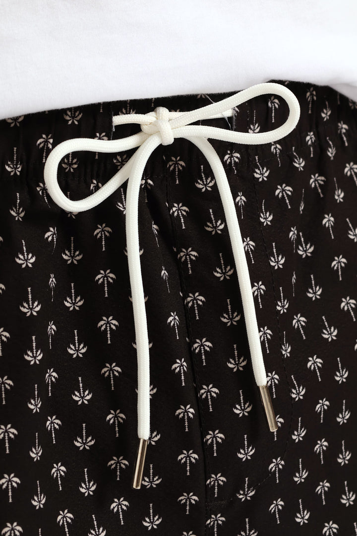 Seersucker Printed Beach Short - Black