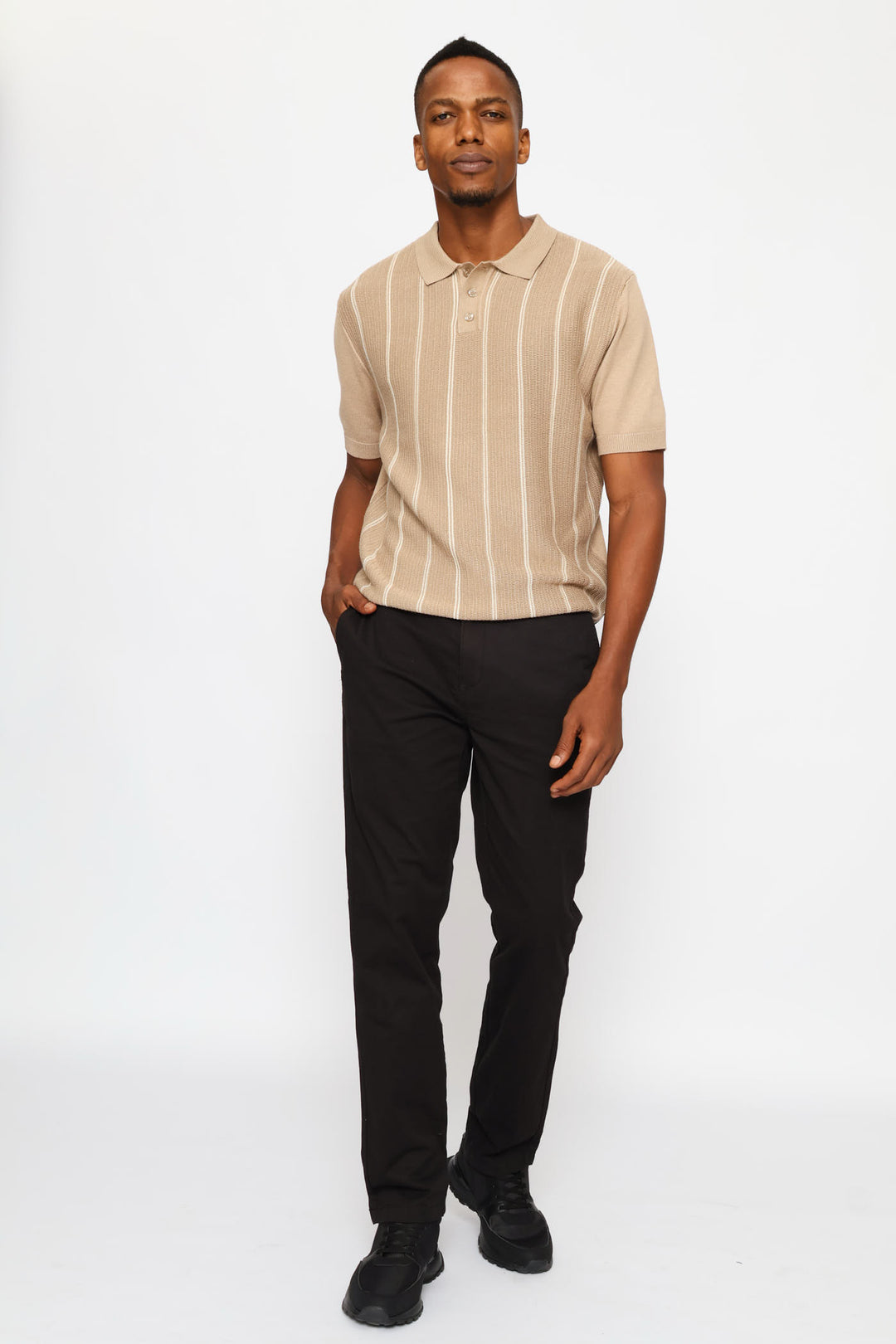 Thin Stripe Fine Gauge Golfer - Taupe
