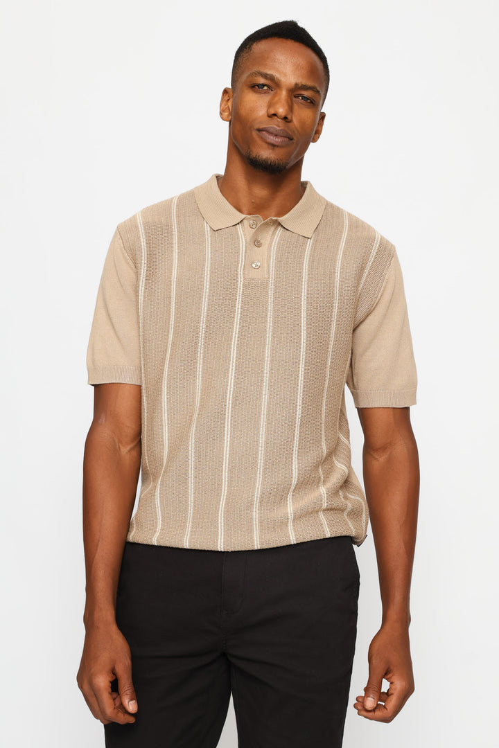 Thin Stripe Fine Gauge Golfer - Taupe