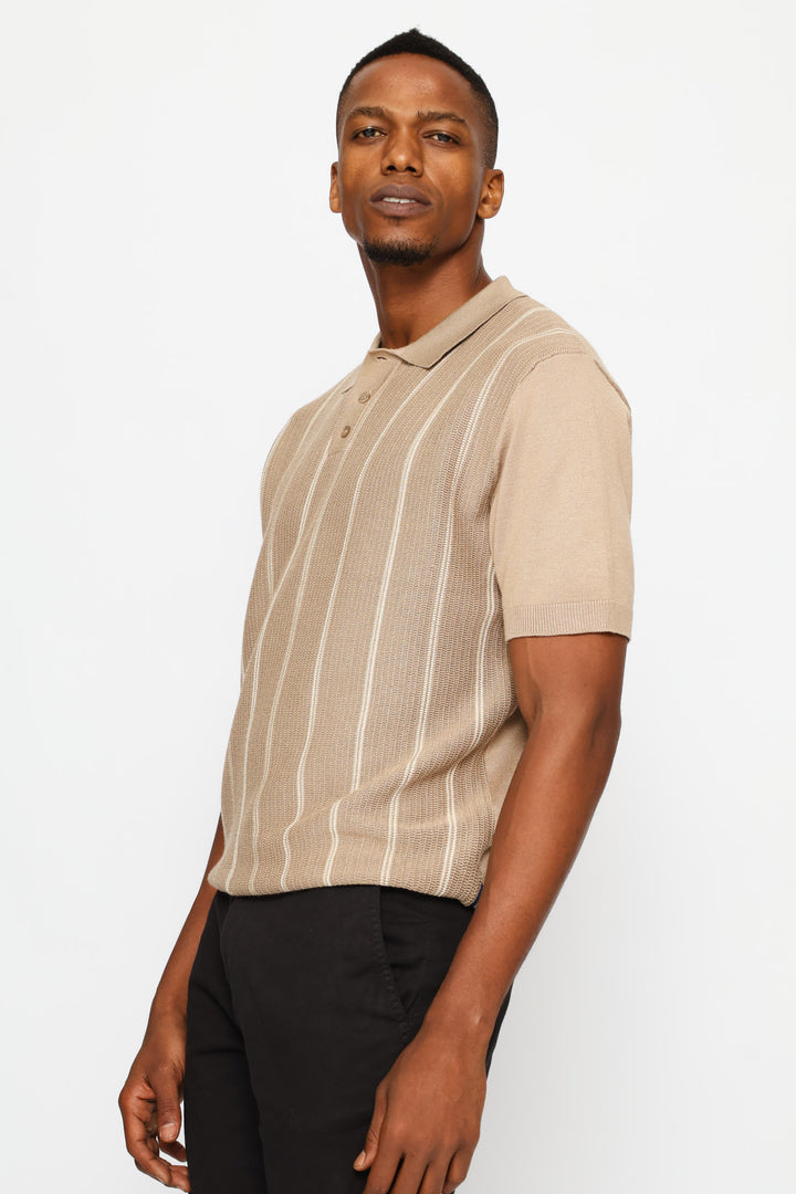 Thin Stripe Fine Gauge Golfer - Taupe