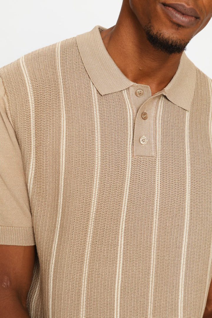 Thin Stripe Fine Gauge Golfer - Taupe
