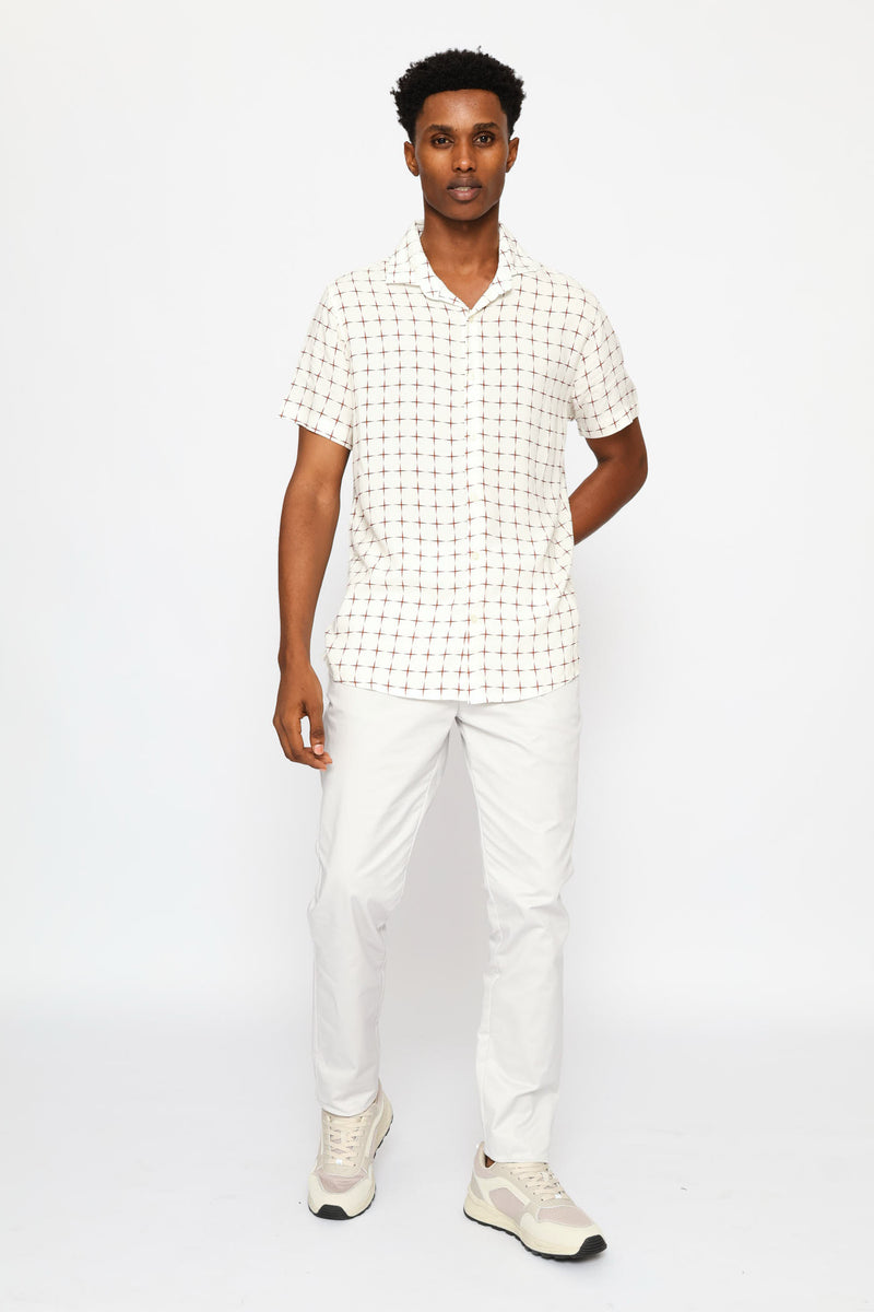 Short Sleeve Geometric Cross Viscose Shirt - Stone/Red