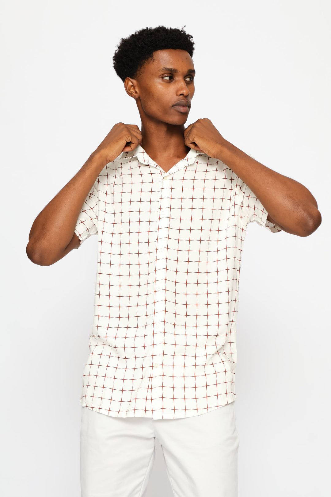 Short Sleeve Geometric Cross Viscose Shirt - Stone/Red