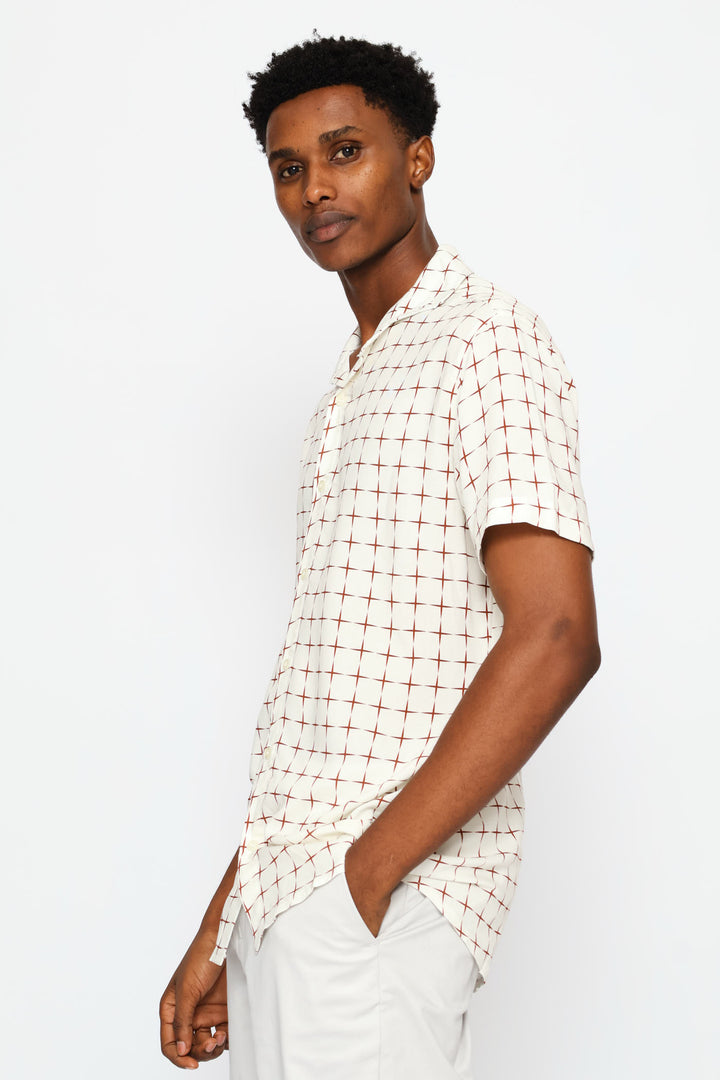 Short Sleeve Geometric Cross Viscose Shirt - Stone/Red