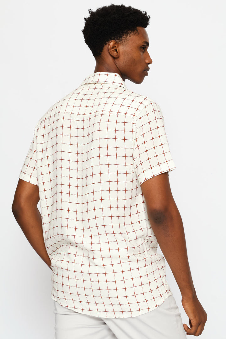Short Sleeve Geometric Cross Viscose Shirt - Stone/Red