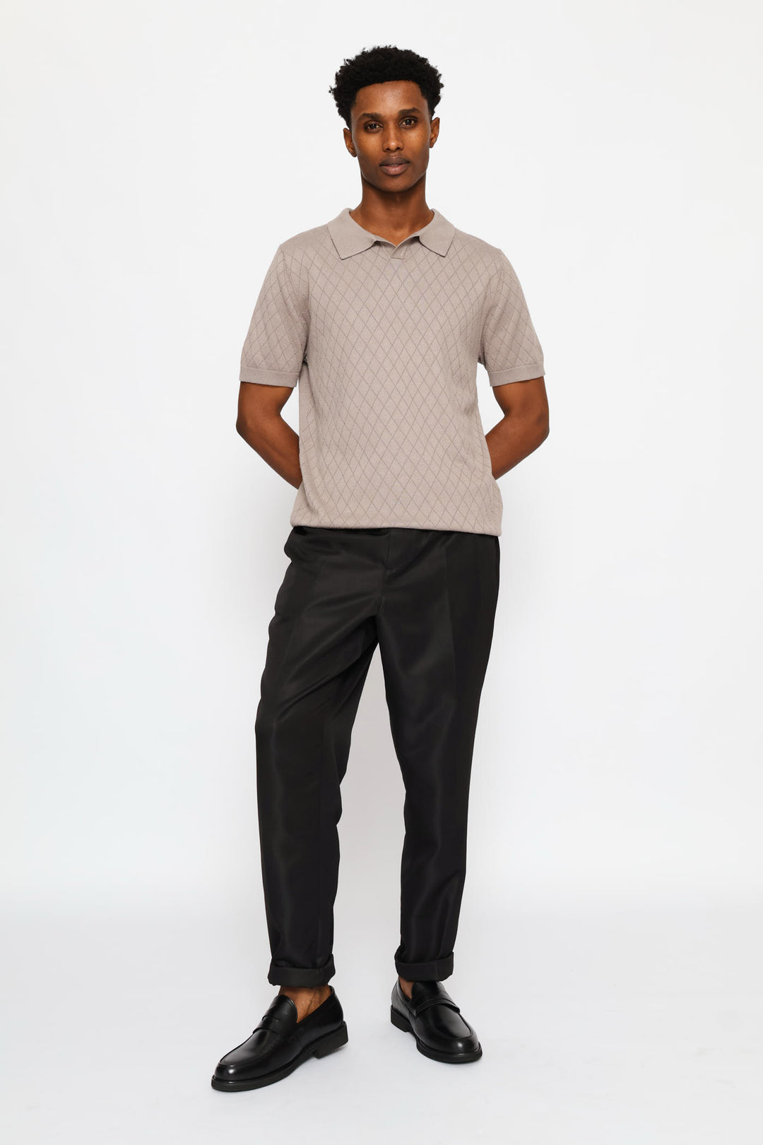 Textured Short Sleeve Knit Golfer - Taupe