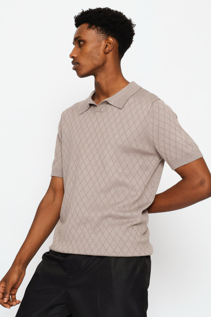 Textured Short Sleeve Knit Golfer - Taupe