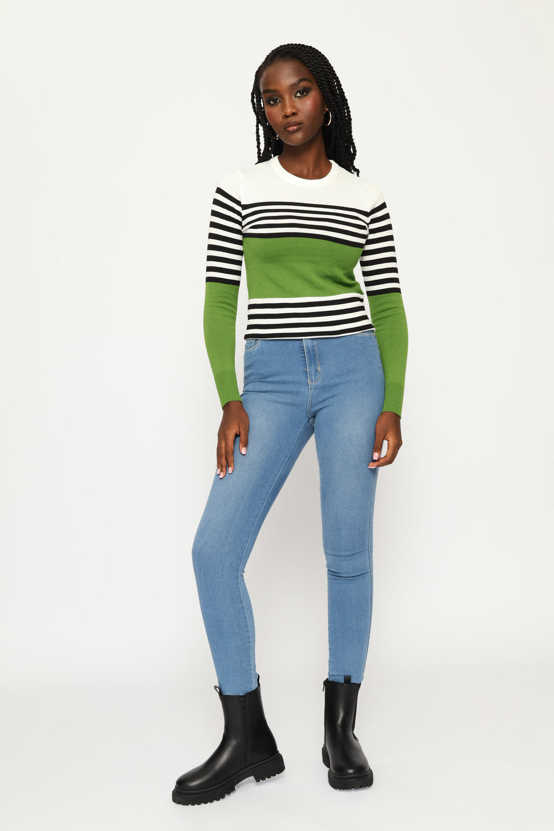 Striped Pullover - White/Black/Green