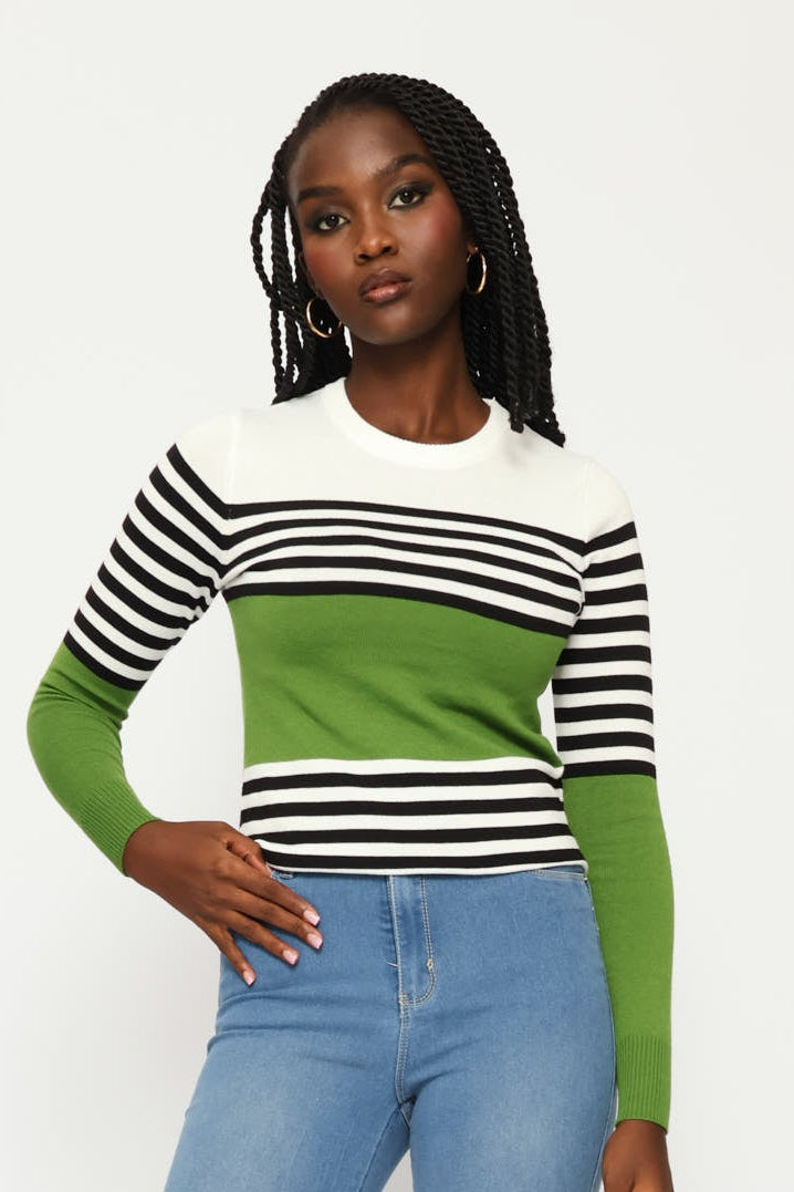 Striped Pullover - White/Black/Green