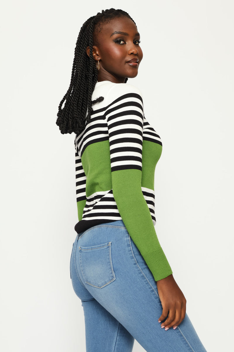 Striped Pullover - White/Black/Green