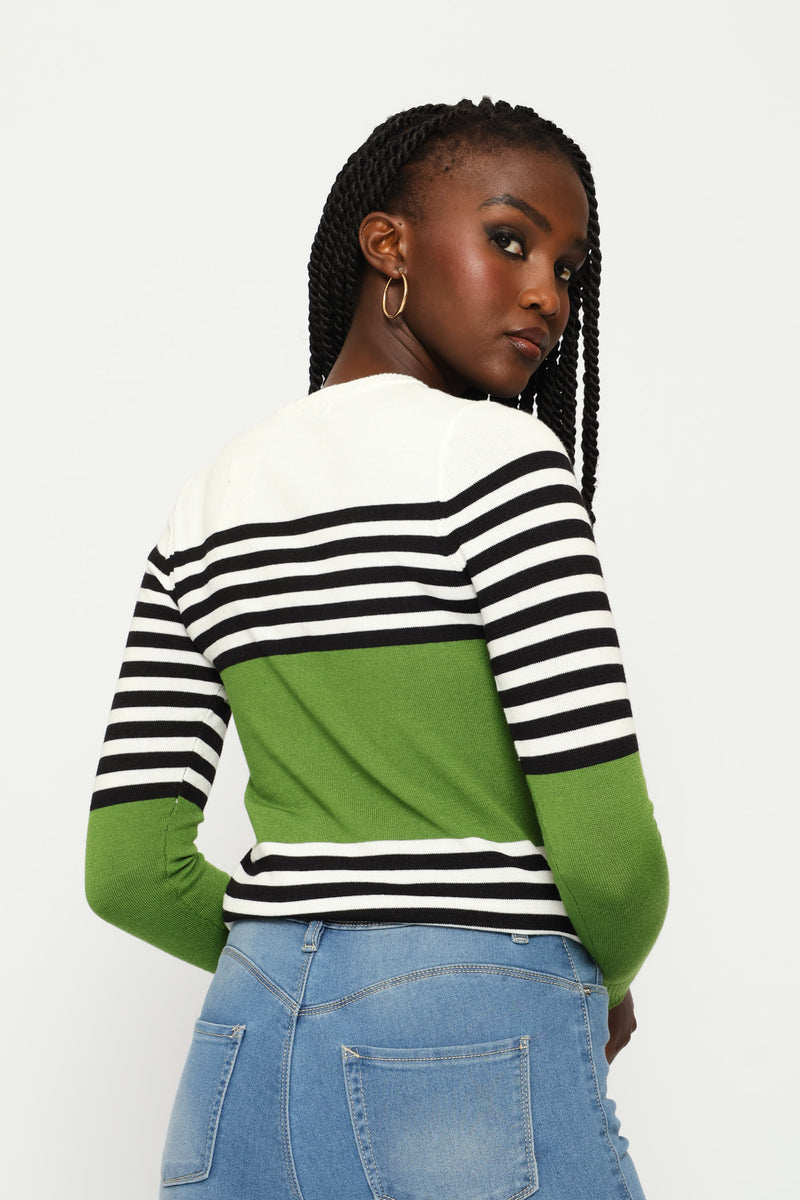 Striped Pullover - White/Black/Green