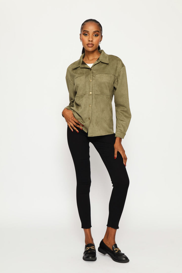 Suede Shacket With Press Studs & Pockets - Fatigue