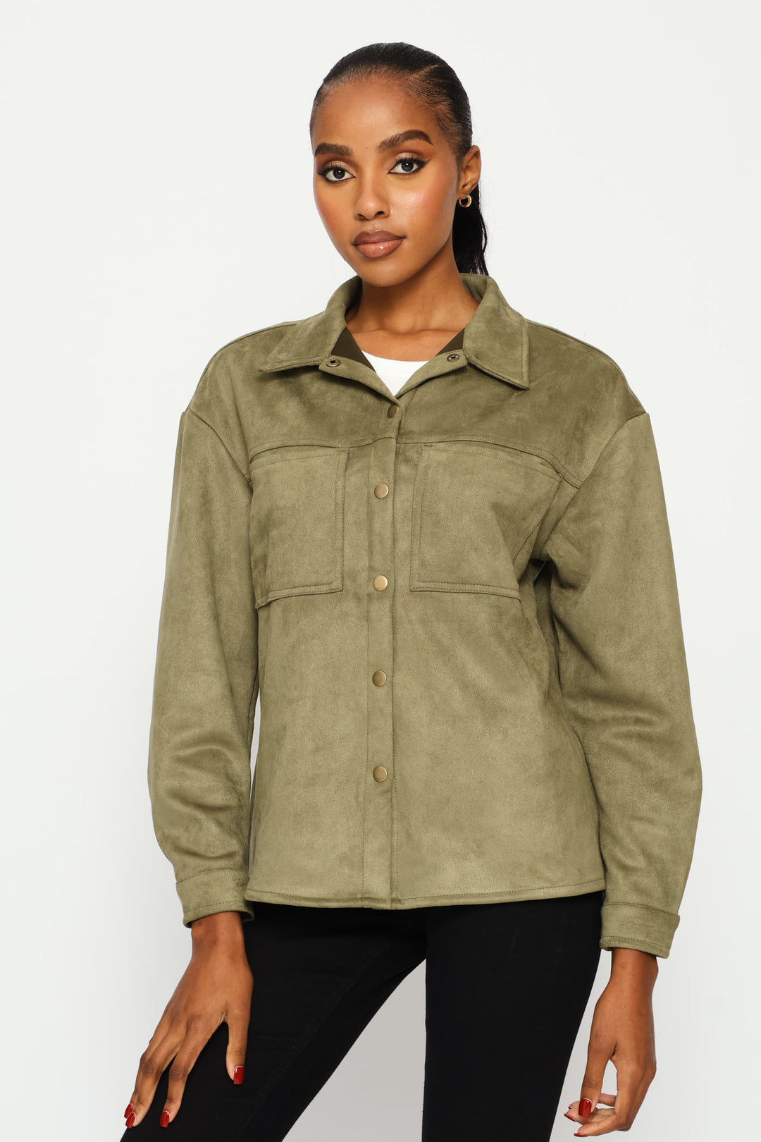 Suede Shacket With Press Studs & Pockets - Fatigue
