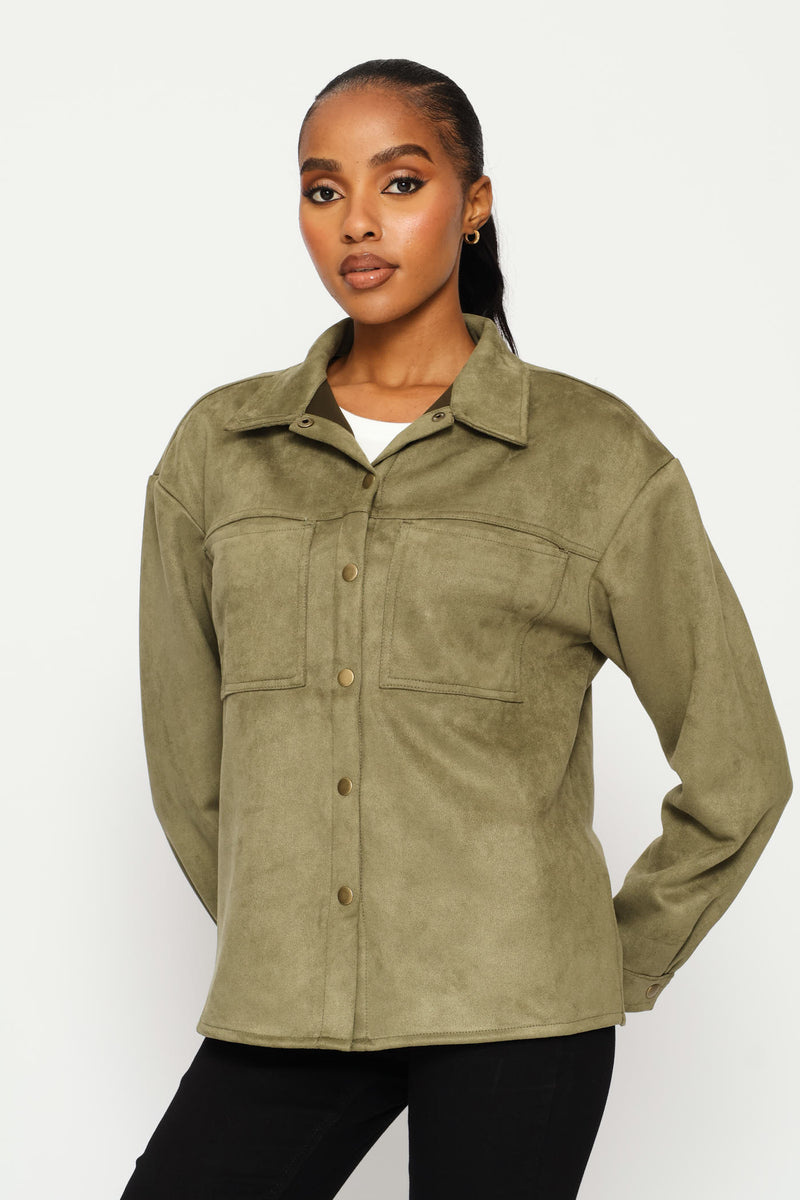 Suede Shacket With Press Studs & Pockets - Fatigue