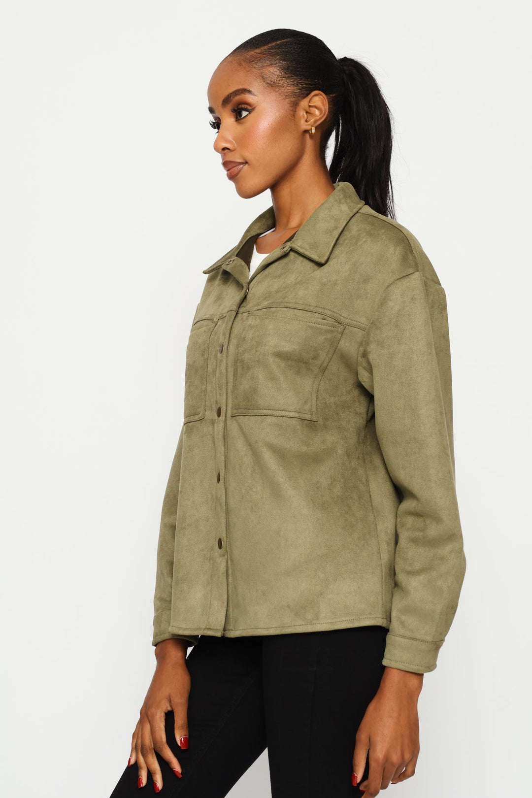 Suede Shacket With Press Studs & Pockets - Fatigue