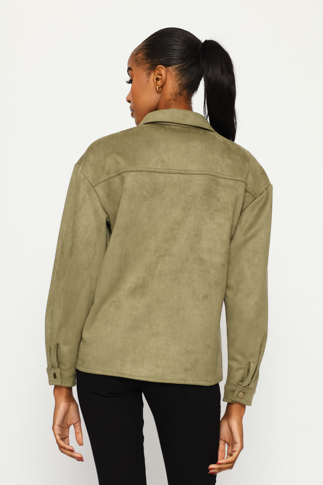 Suede Shacket With Press Studs & Pockets - Fatigue