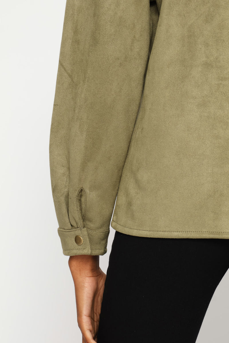 Suede Shacket With Press Studs & Pockets - Fatigue