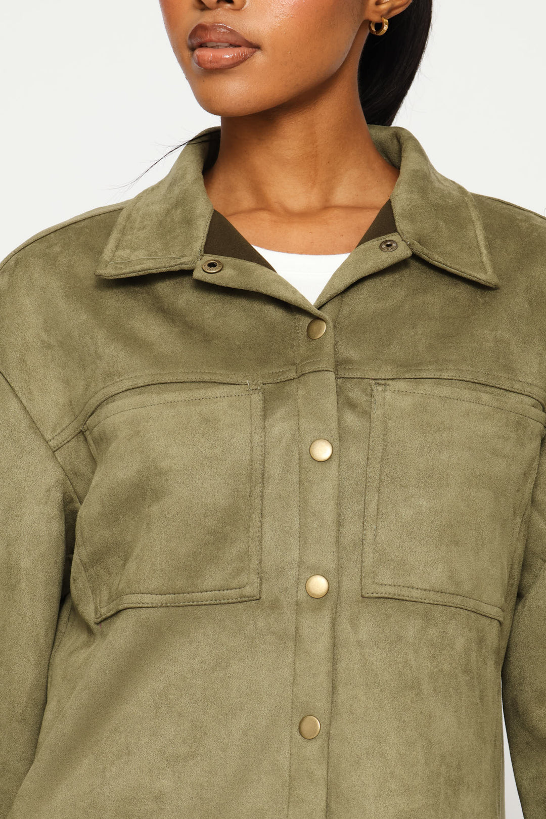 Suede Shacket With Press Studs & Pockets - Fatigue