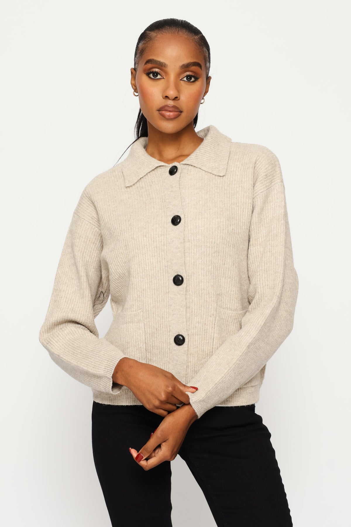room306contemporary　Collared Cardigan Ladies Collared Chunky Cardigan - Oatmeal Melange – Edgars