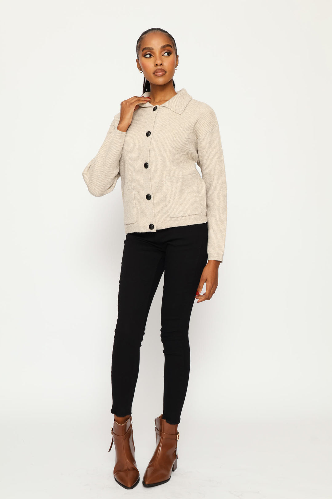 Collared Chunky Cardigan - Oatmeal Melange