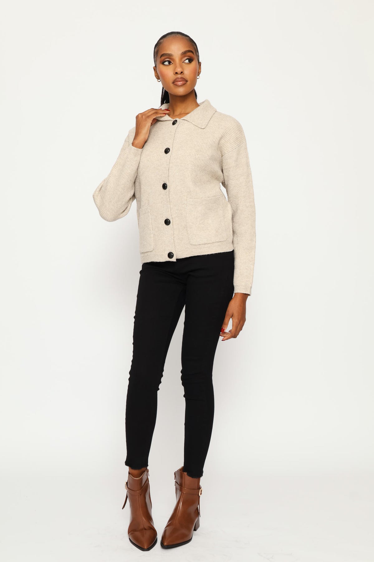 Ladies Collared Chunky Cardigan - Oatmeal Melange – Edgars