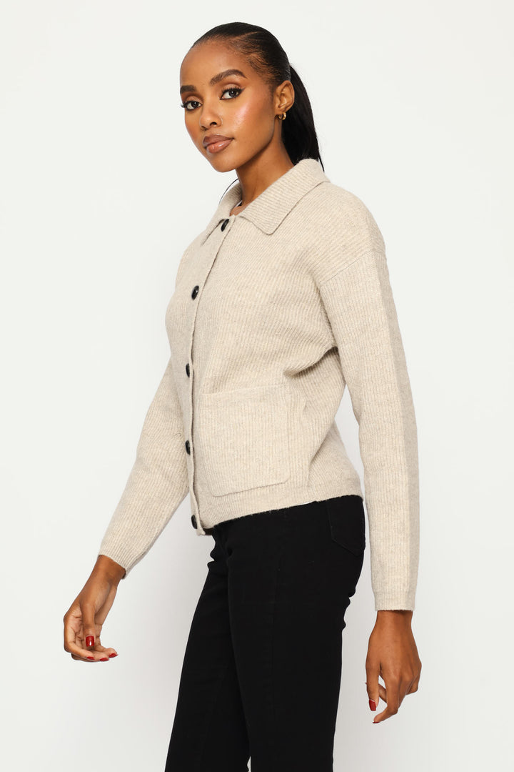 Collared Chunky Cardigan - Oatmeal Melange