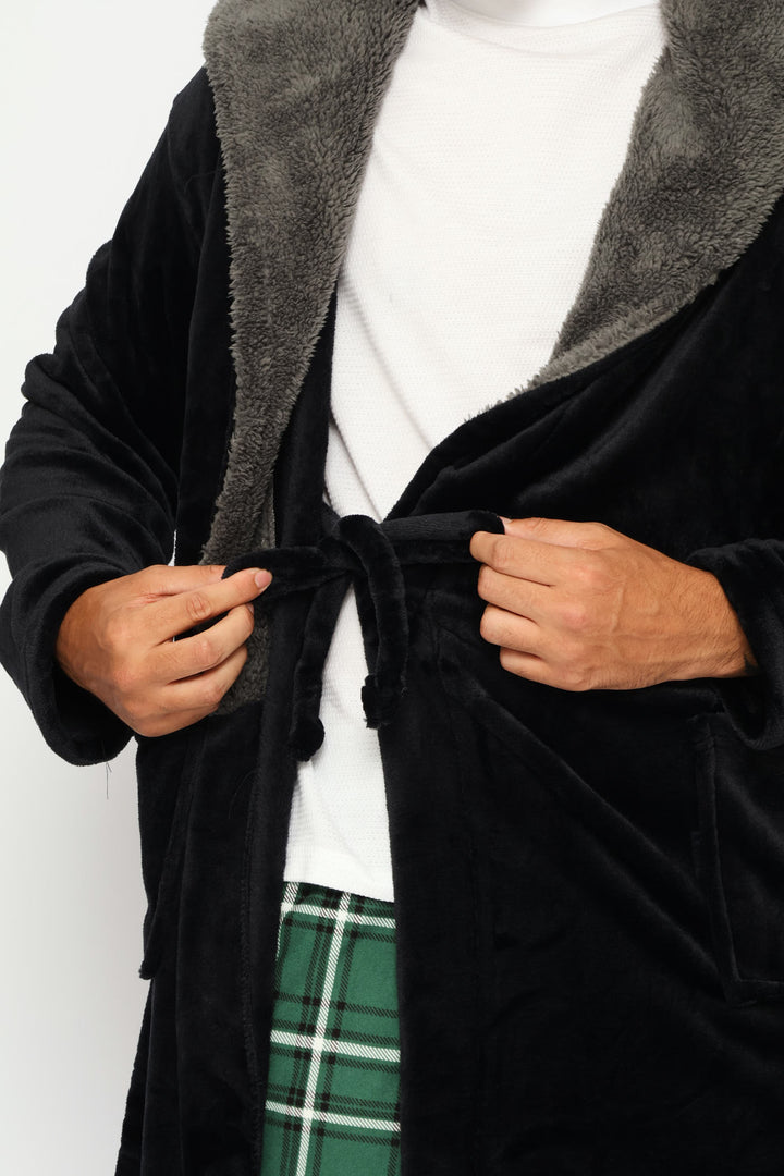 Sherpa & Coral Fleece Hooded Gown - Black