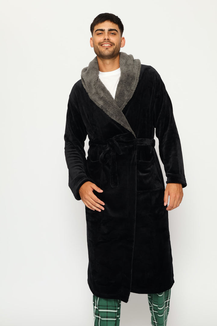 Sherpa & Coral Fleece Hooded Gown - Black