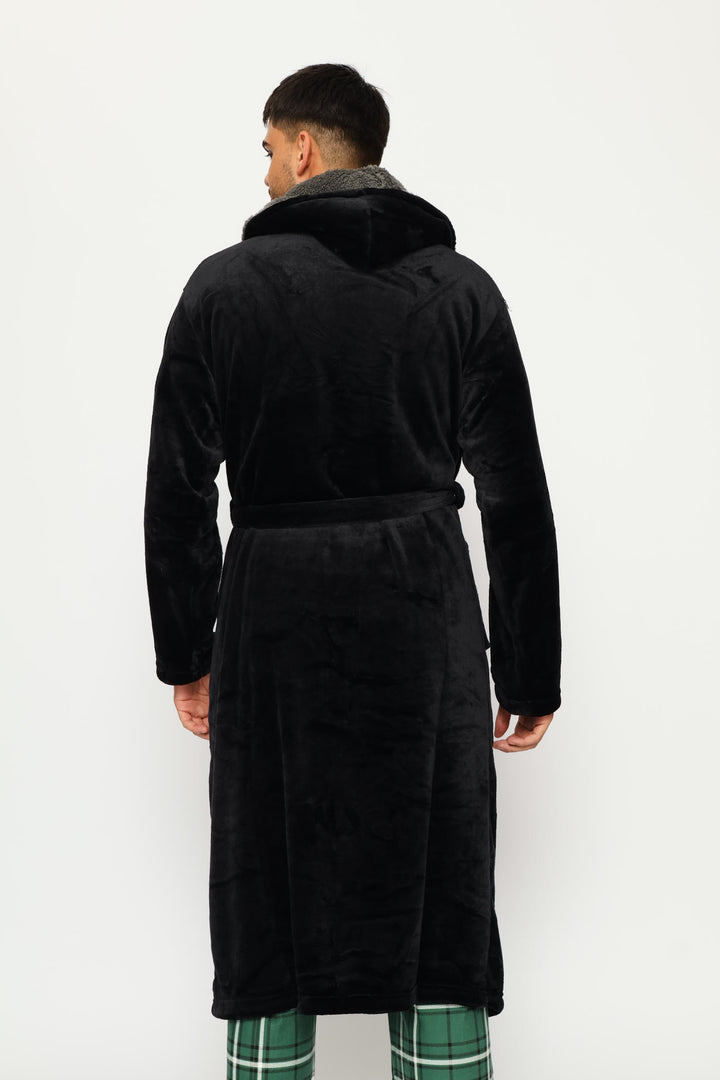 Sherpa & Coral Fleece Hooded Gown - Black