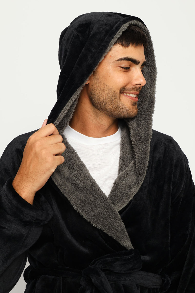 Sherpa & Coral Fleece Hooded Gown - Black