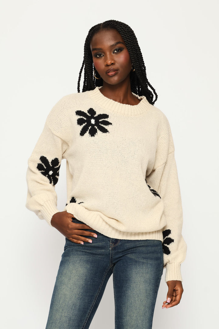 Jacquard Print Pullover - Cream/Black