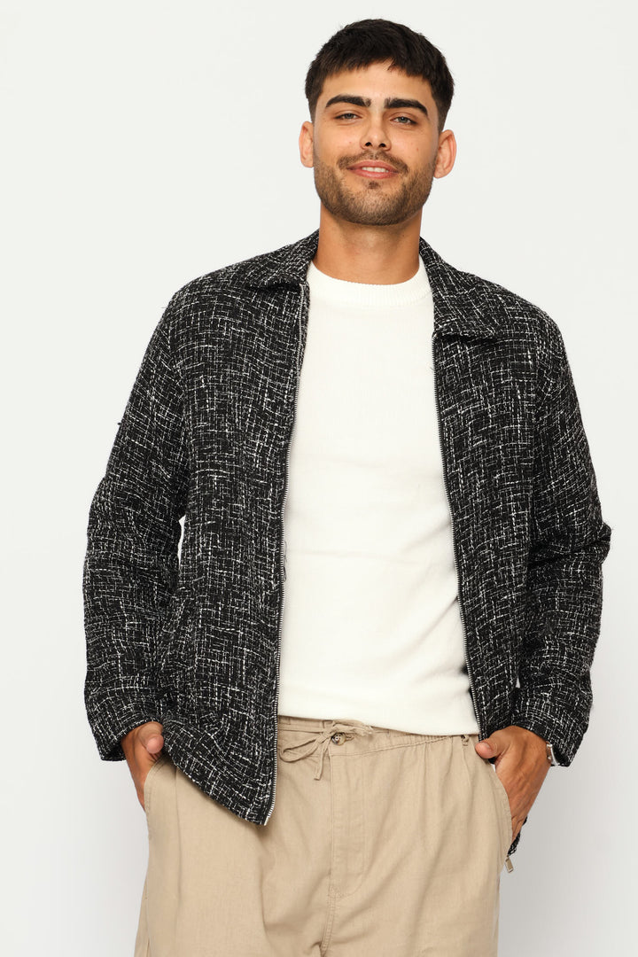 Long Sleeve Textured Shacket - Black/Grey
