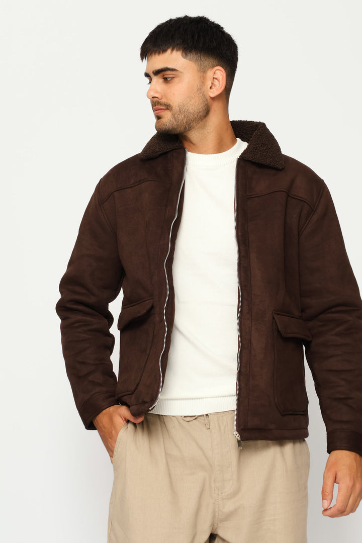 Long Sleeve Sherpa Jacket - Brown