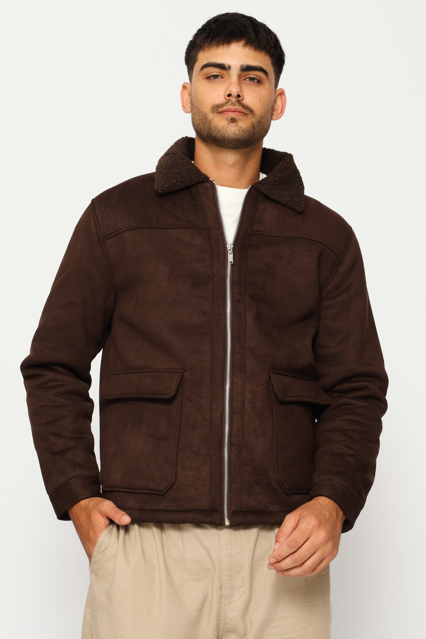 Mens Long Sleeve Sherpa Jacket - Brown – Edgars