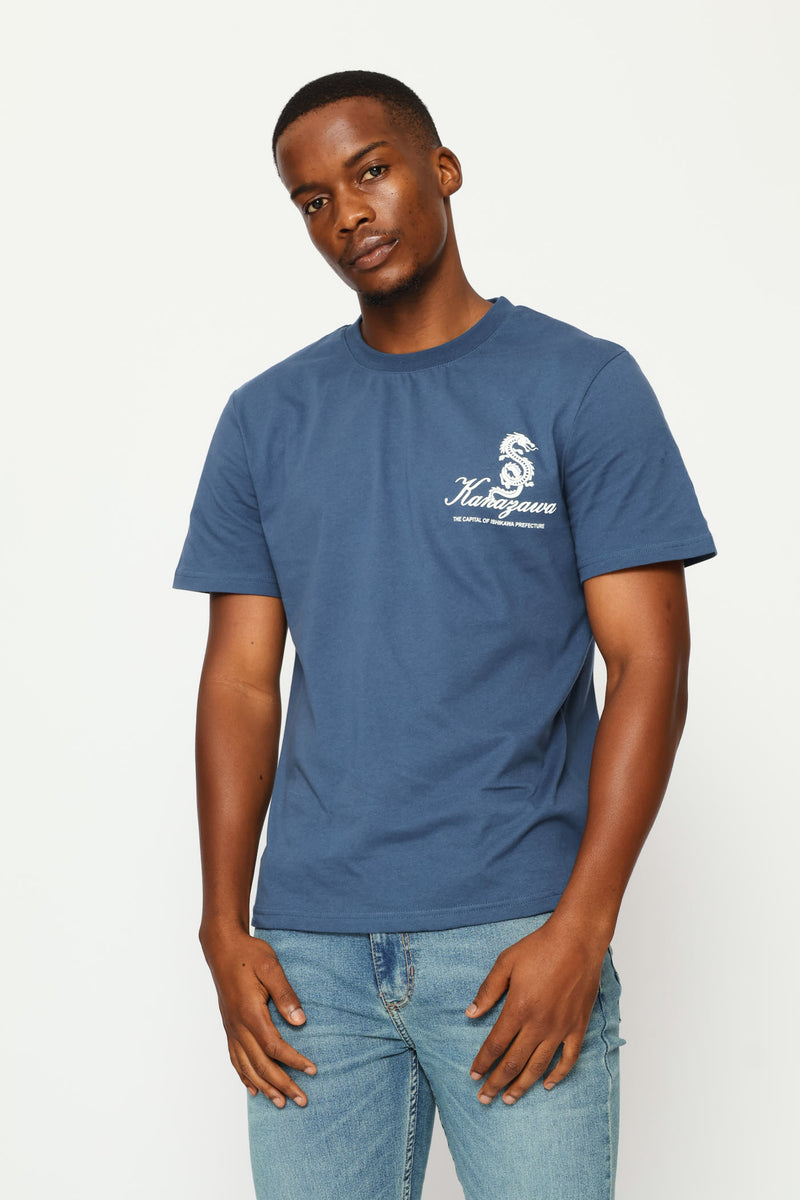 Dragon Bandana Front & Back Print Tee - Steel Blue