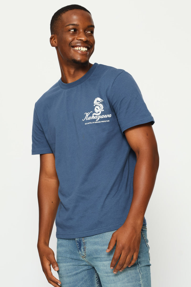 Dragon Bandana Front & Back Print Tee - Steel Blue