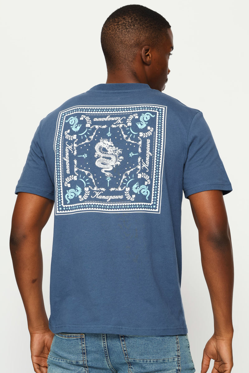 Dragon Bandana Front & Back Print Tee - Steel Blue