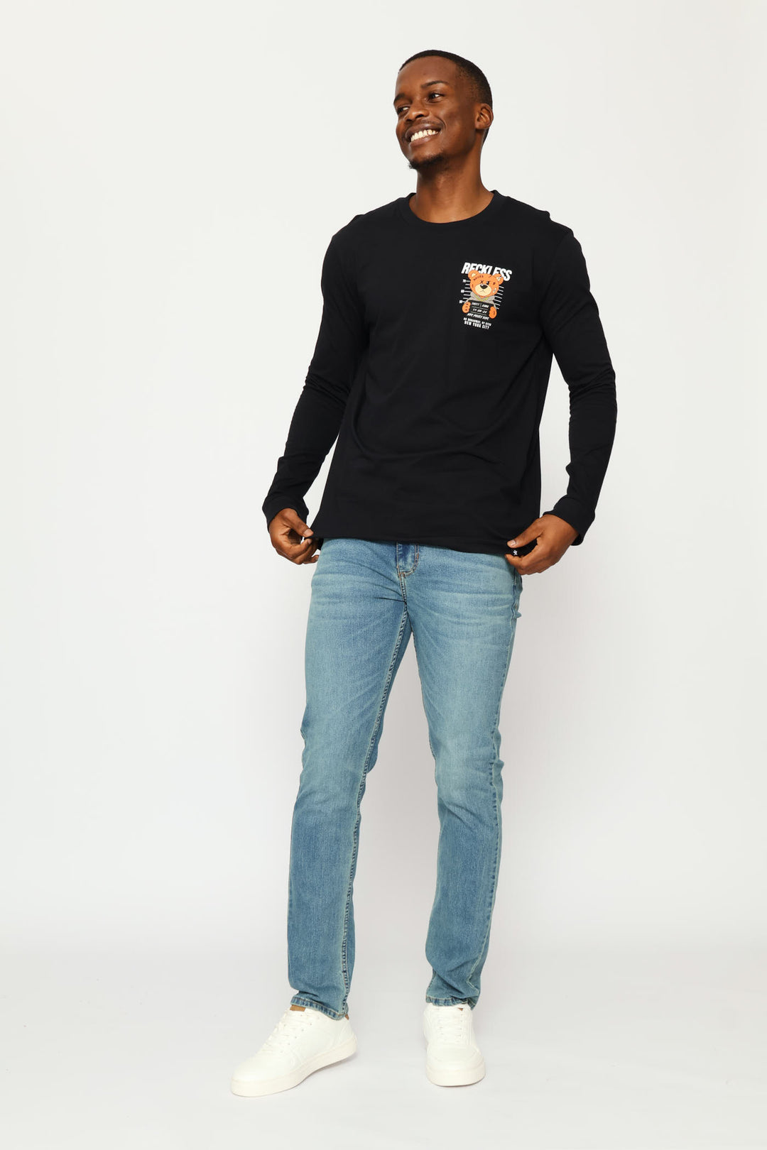Long Sleeve Front Bear Print Tee - Black