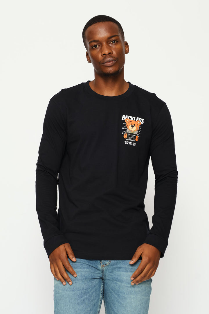 Long Sleeve Front Bear Print Tee - Black