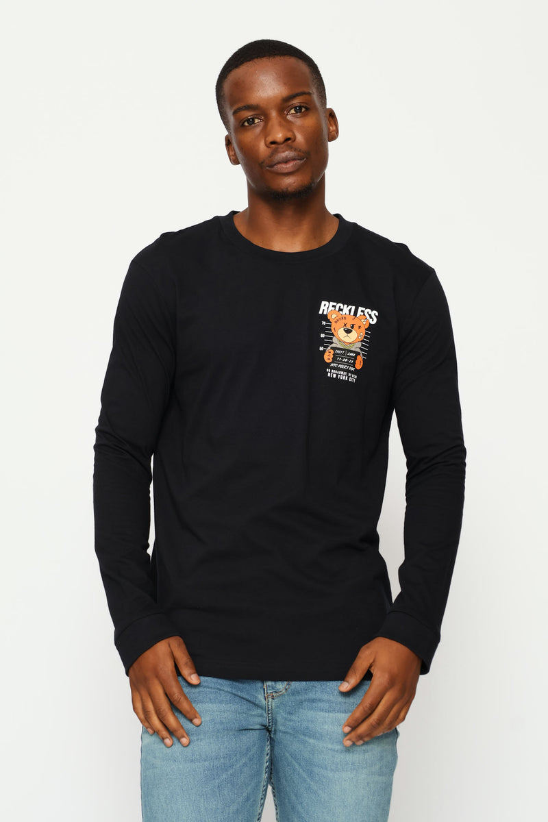 Long Sleeve Front Bear Print Tee - Black