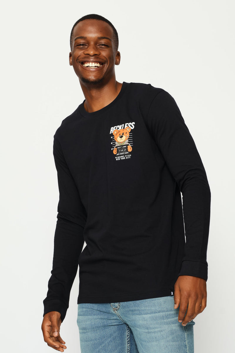 Long Sleeve Front Bear Print Tee - Black