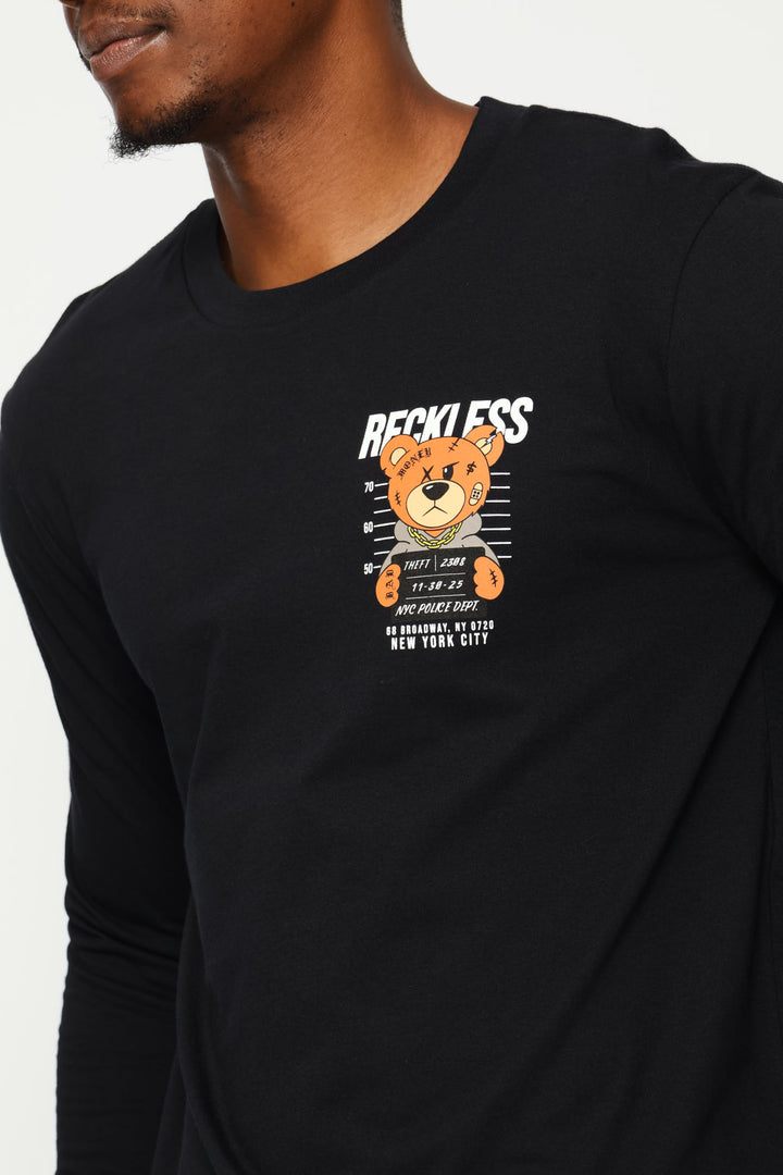 Long Sleeve Front Bear Print Tee - Black