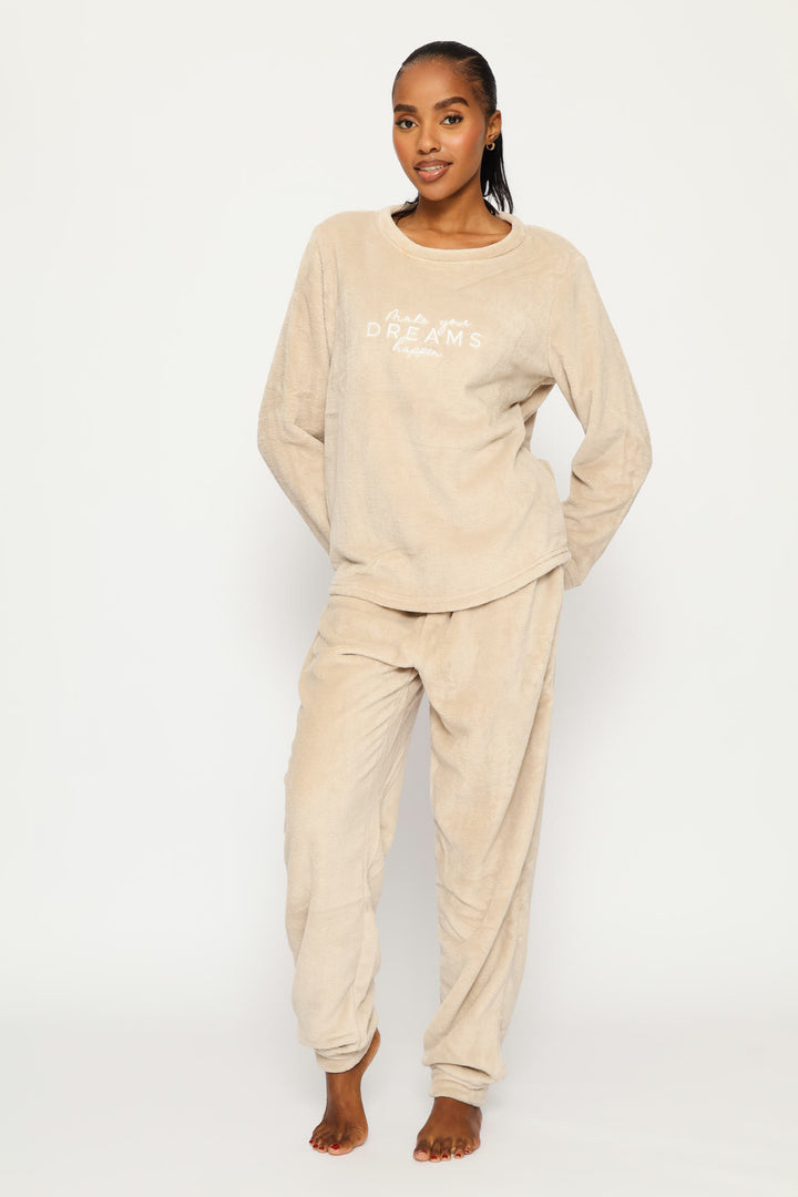 Long Sleeve Embroidered Dreams Cosy Top & Jogger Set - Stone