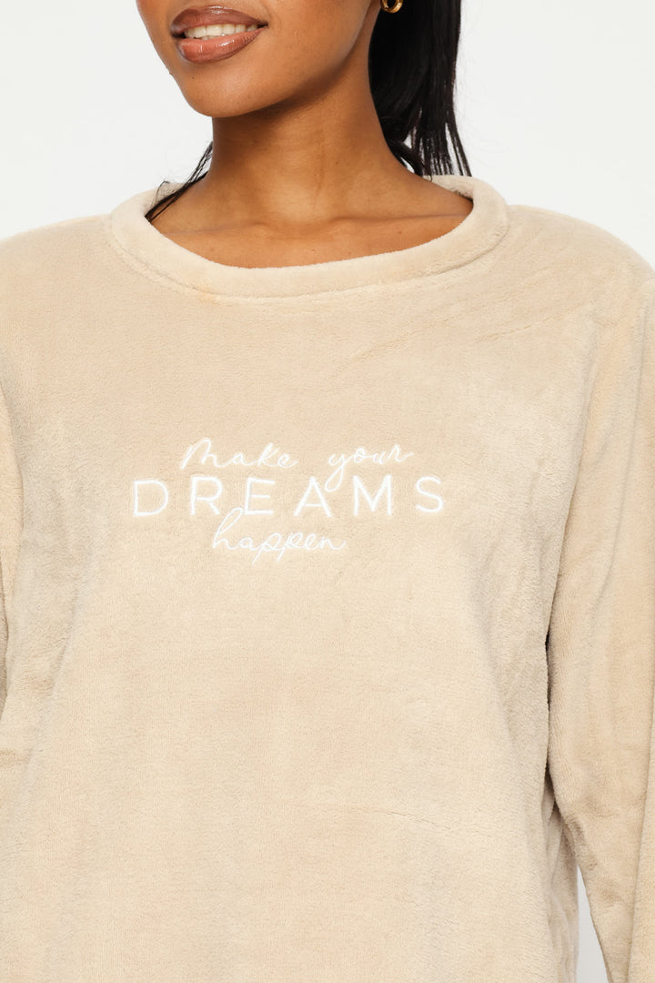 Long Sleeve Embroidered Dreams Cosy Top & Jogger Set - Stone
