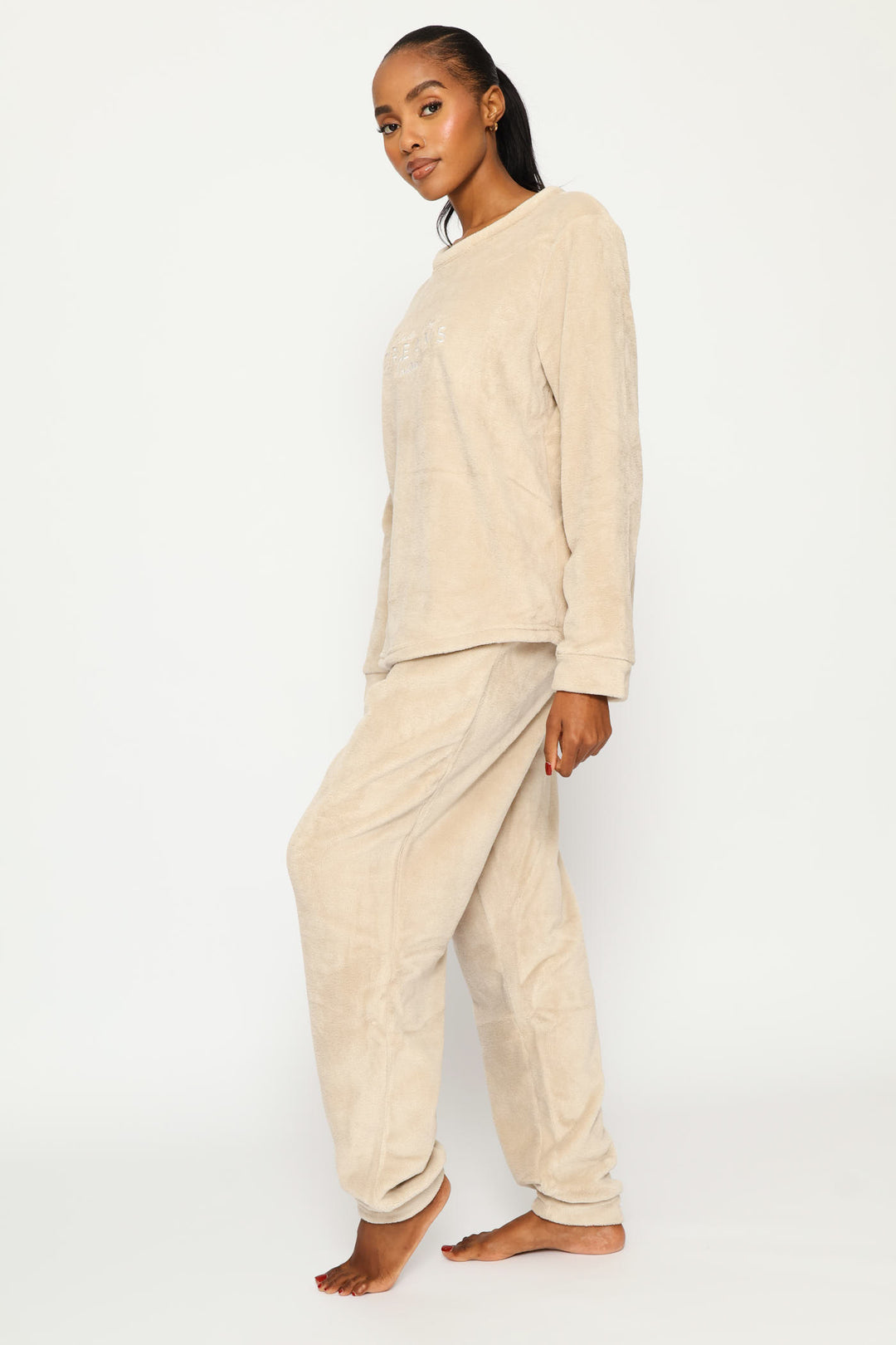 Long Sleeve Embroidered Dreams Cosy Top & Jogger Set - Stone