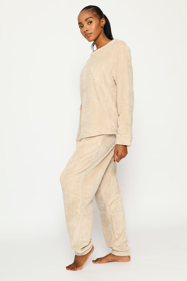 Long Sleeve Embroidered Dreams Cosy Top & Jogger Set - Stone